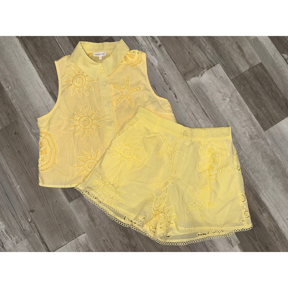 Entro Two-Piece Eyelet Set Women Yellow Sun Starfish Sleeveless Shorts Large